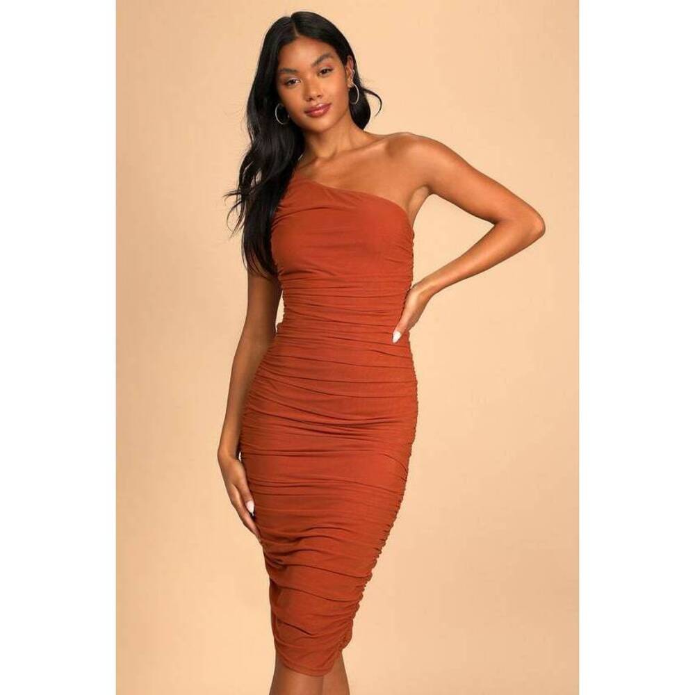 Lulus Already Rsvp'd Rust Brown Ruched One-shoulder Bodycon Dress - Size S